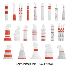 Factory building. Manufacturing pipe pollution industrial factory large construction. Industrial chimney pollution, factory pipes set