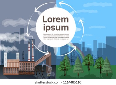 Factory building nature pollution plant pipe waste environment two side comparisonside nature global warming illegal pollution circle copy space flat