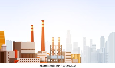 Factory Building Nature Pollution Plant Pipe Waste Banner Flat Vector Illustration