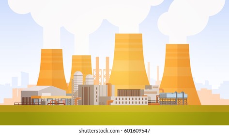 Factory Building Nature Pollution Plant Pipe Waste Banner Flat Vector Illustration