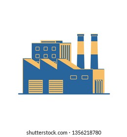Factory building on a white background. Plant with pipes. Flat style icon. Vector illustration.