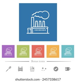 Factory building outline flat white icons in square backgrounds. 6 bonus icons included.