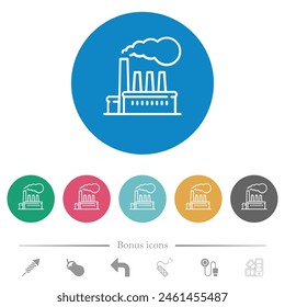 Factory building outline flat white icons on round color backgrounds. 6 bonus icons included.