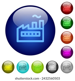 Factory building outline icons on round glass buttons in multiple colors. Arranged layer structure