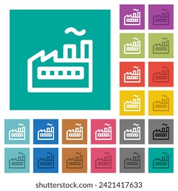 Factory building outline multi colored flat icons on plain square backgrounds. Included white and darker icon variations for hover or active effects.