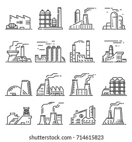 Factory building outline set. Steel construction of metal industrial and commercial architecture. Factory icon vector line art illustration isolated on white background.