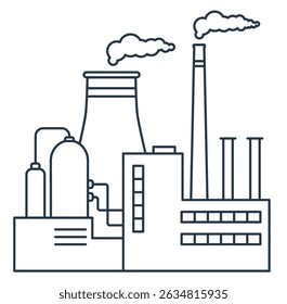 Factory building with pipes and cooling tower. Vector illustration in flat style