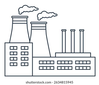 Factory building with pipes and cooling towers emitting vapor. Vector illustration in flat style