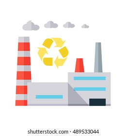Factory building with pipes in flat. Industrial factory building concept. Industrial plant with pipes. Factory icon. Waste recycling sign. Isolated object in flat design on white background.