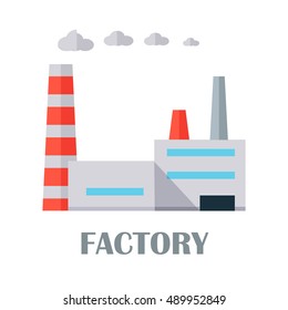 Factory building with pipes in flat. Industrial factory building concept. Industrial plant with pipes. Factory icon. Isolated object in flat design on white background.