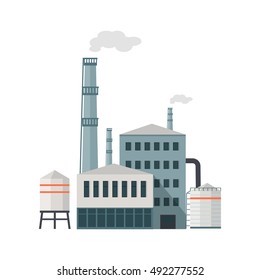 Factory building with pipes in flat. Industrial factory building concept. Industrial plant with pipes. Plant with smoking chimneys. Factory icon. Isolated object in flat design on white background.