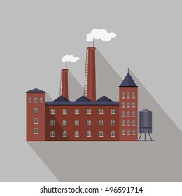 Factory building with pipes in flat. Industrial factory building concept. Industrial plant with pipes. Plant with smoking chimneys. Factory icon. Vector illustration with long shadow.