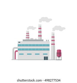 Factory building with pipes in flat. Industrial factory building concept. Industrial plant with pipes. Plant with smoking chimneys. Factory icon. Isolated object in flat design on white background.