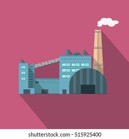Factory building with pipes in flat. Industrial factory building concept. Industrial plant with pipes. Plant with smoking chimneys. Factory icon. Vector illustration with long shadow.