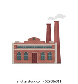 Factory building with pipes in flat. Industrial factory building concept. Industrial plant with pipes. Plant with smoking chimneys. Factory icon. Isolated object in flat design on white background.