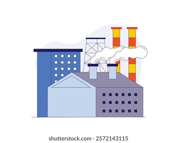 Factory building with pollution smoke. Design character. Vector flat illustration