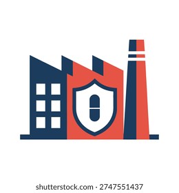 Factory building with shield and pill logo on side industrial graphic