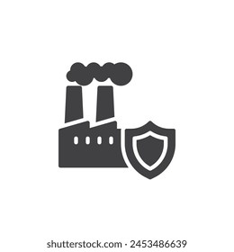 Factory building and shield vector icon. filled flat sign for mobile concept and web design. Industrial Safety glyph icon. Industrial insurance symbol, logo illustration. Vector graphics