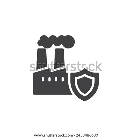 Factory building and shield vector icon. filled flat sign for mobile concept and web design. Industrial Safety glyph icon. Industrial insurance symbol, logo illustration. Vector graphics