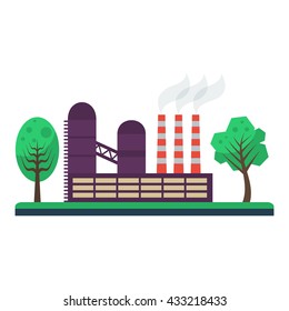 Factory building sign icon with trees. Vector illustration. Flat design. 