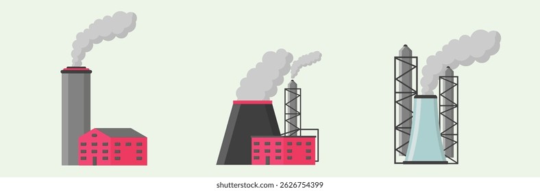 Factory building with smoke tower and industrial pipe equipment for petrochemical refinery icon set isolated on white background including oil gas energy power and pollution concept

