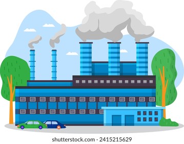 Factory building with smokestacks emitting smoke, trees, and cars parked outside. Industrial pollution and environmental concept vector illustration.