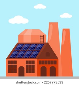 Factory building with solar battery panels on roof, vector