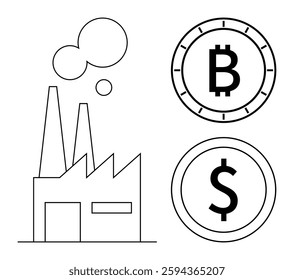 Factory building with two chimneys emitting smoke, accompanied by Bitcoin and Dollar coin symbols. Ideal for finance, cryptocurrency, industry, economy, trade, manufacturing, investment themes. Line
