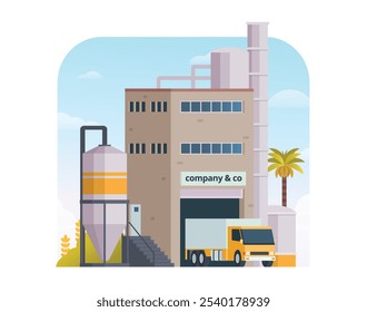 Ilustración vectorial de construcción de fábrica, elemento para ciudad, infografía e ilustración de la industria