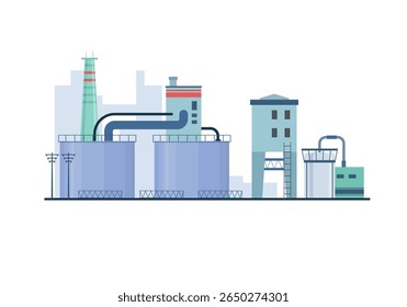 Fabrikgebäude, Vektorgrafik mit industriellen Produktionsanlagen, Unternehmen, Geschäftsdesign, isolierte flache Architektur, Rauch-Verschmutzung, Energie-Ausrüstung, chemische Gasraffinerie, Pipeline-Umgebung 