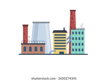 Ilustração vetorial de construção de fábrica com projeto industrial da fábrica da fábrica da empresa da fábrica da fábrica arquitetura plana isolada fumaça poluição equipamentos de energia refinaria de gás químico ambiente do gasoduto 