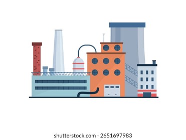Ilustração vetorial de construção de fábrica com projeto industrial da fábrica da fábrica da empresa da fábrica da fábrica arquitetura plana isolada fumaça poluição equipamentos de energia refinaria de gás químico ambiente do gasoduto 