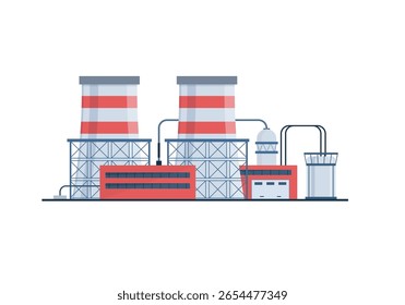 Ilustración vectorial de construcción de fábrica con planta de fabricación industrial Diseño de negocios Arquitectura plana aislada Contaminación de humo Equipo de energía Refinería de gas químico Entorno de tubería 