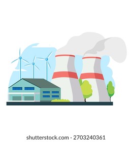 Factory building with wind turbines and nuclear cooling towers emitting smoke, flat style on white background. Concept of energy production. Vector illustration