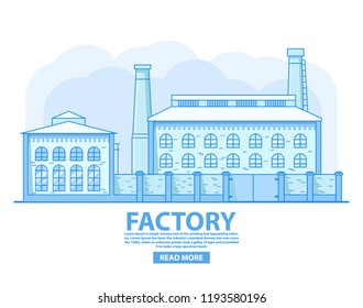 Factory building.Industrial factory concept.Old vintage plant.Brick architecture smoking chimney.Flat vector.