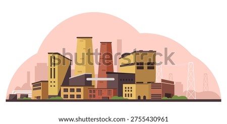 Factory buildings in flat graphic style on soft pastel backdrop representing industry and production. Vector illustration