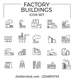Conjunto de iconos de EDIFICIOS DE FÁBRICA. Iconos en blanco y negro.