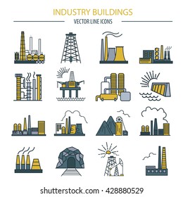 Factory buildings icon set. Colour version design. Vector illustration