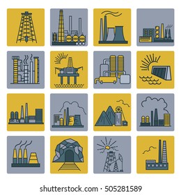Factory buildings icon set. Colour version design. Vector illustration