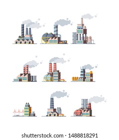 Factory buildings. Industrial urban power constructions with pipelines vector factory flat pictures