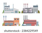 factory buildings vector illustration collection. Flat design front view concept for city illustration