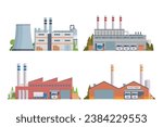 factory buildings vector illustration collection. Flat design front view concept for city illustration
