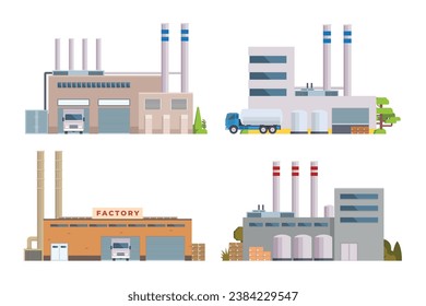 factory buildings vector illustration collection. Flat design front view concept for city illustration