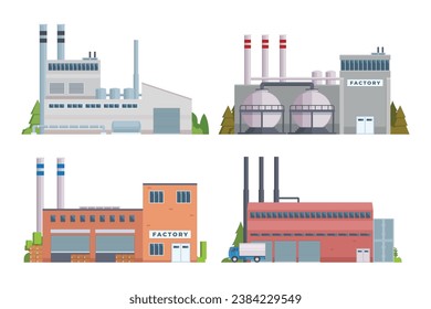 factory buildings vector illustration collection. Flat design front view concept for city illustration