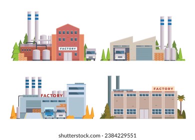 factory buildings vector illustration collection. Flat design front view concept for city illustration