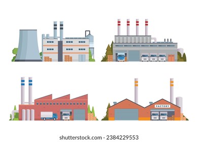 factory buildings vector illustration collection. Flat design front view concept for city illustration