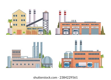 factory buildings vector illustration collection. Flat design front view concept for city illustration