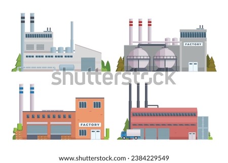 factory buildings vector illustration collection. Flat design front view concept for city illustration