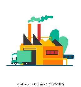 Factory, the car drives off. Processing, production.