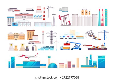 Factory cartoon vector objects set. Industrial machinery and equipment constructor. Airport flat color illustrations collection. Manufactory buildings isolated pack on white background